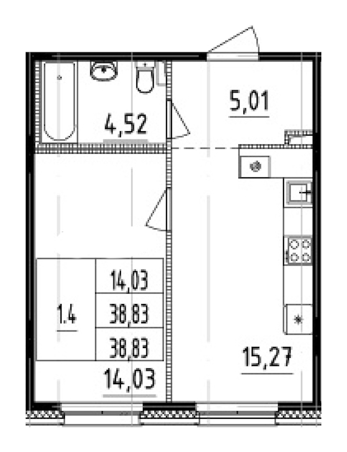 1-комнатная квартира 38.83 м², 1/12 эт., ЖК «Чёрная речка(Nordest)»
